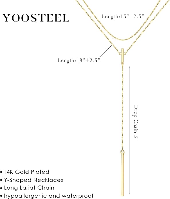 Yoosteel Long Lariat Necklace for Women - Dainty Y-Shaped Necklaces 14K-Gold-Plated Drop Chain Simple Jewelry Trendy Gifts for Women