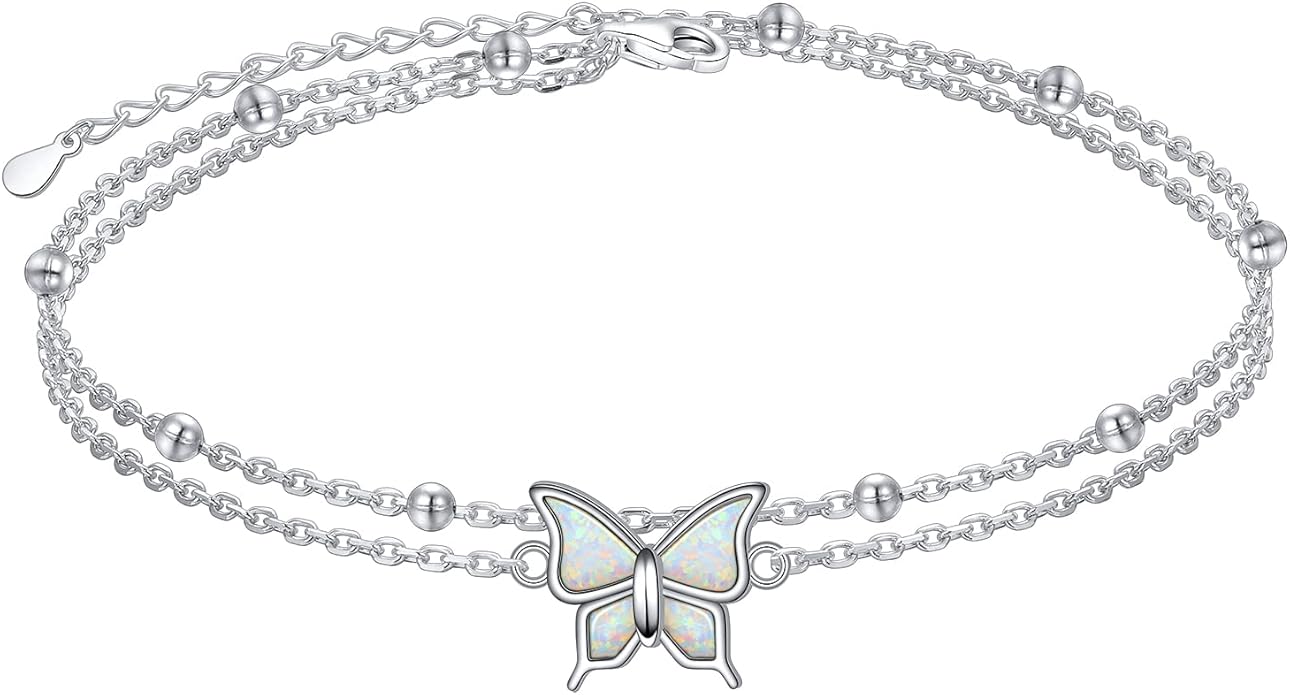 FLYOW Anklet for Women S925 Sterling Silver Adjustable Foot Beaded Heart Charm Ankle Bracelet Anklets Jewelry