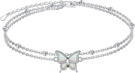 FLYOW Anklet for Women S925 Sterling Silver Adjustable Foot Beaded Heart Charm Ankle Bracelet Anklets Jewelry