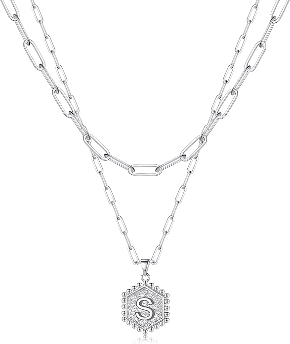 M MOOHAM Dainty Initial Necklaces for Women - Layering Necklace for Women Cute Hexagon Letter Initial Necklace Layered Necklaces for Womens Gifts