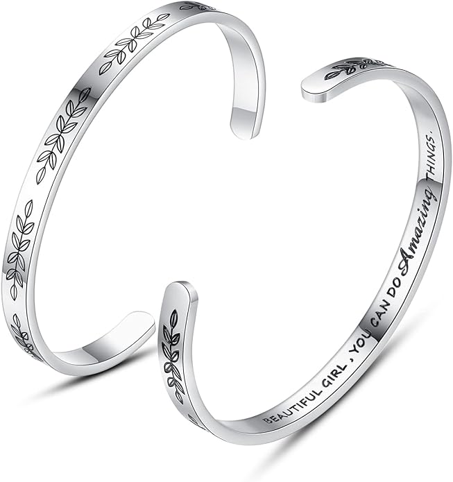 TONY & SANDY Inspirational Bracelets for Women Teen Girls Personalized Gifts for Daughter Granddaughter Mom Sister Friends Stainless Steel Engraved Cuff Birthday Easter Christmas