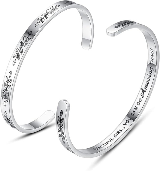 TONY & SANDY Inspirational Bracelets for Women Teen Girls Personalized Gifts for Daughter Granddaughter Mom Sister Friends Stainless Steel Engraved Cuff Birthday Easter Christmas