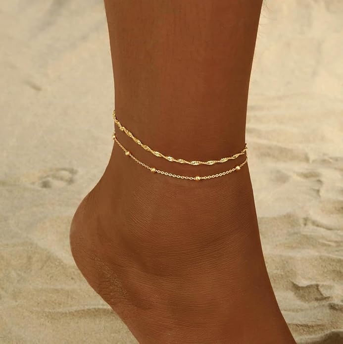 2/3 PCS Gold Anklets for Women Waterproof Cuban Link Anklet Beaded Bracelets Stackable Bracelets 14K Gold Plated Custom Jewelry Gifts Non Tarnish Lightweight