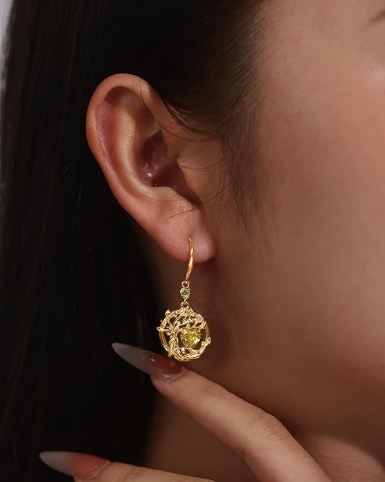 FANCIME Tree of Life Dangle Drop Earrings 925 Sterling Silver Dainty Round Gemstone Birthstone Earring Fine Jewelry Birthday Christmas Gifts for Her Women