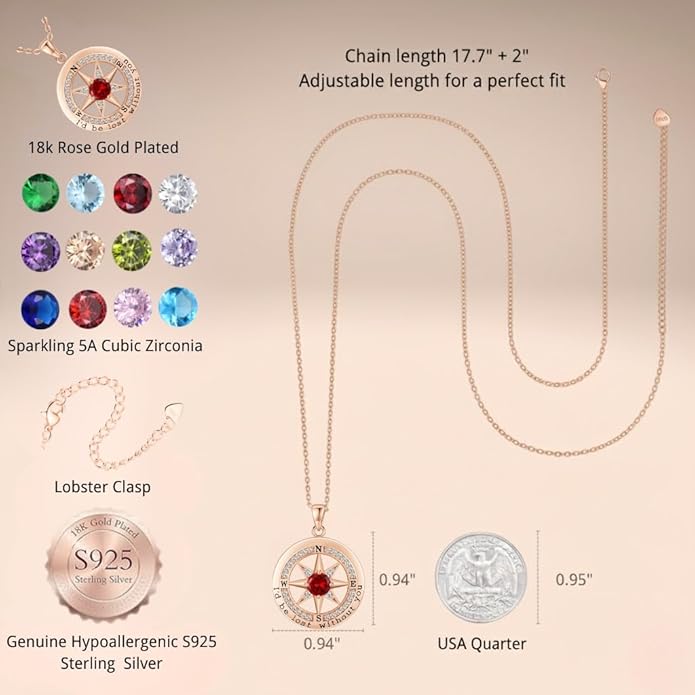 Compass Necklace for Women Wife Girlfriend Mom Daughter Gifts S925 Silver Jewelry For Anniversary Rose Gold Gifts For Birthday Christmas Mothers Valentines Day 12 Birthstones