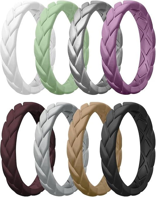 Egnaro Women's Silicone Stackable Rings 3.5mm Wide 2mm Thick, Rubber Flexible Hypoallergenic Wedding Bands For Workout Leaf Braided Fashion