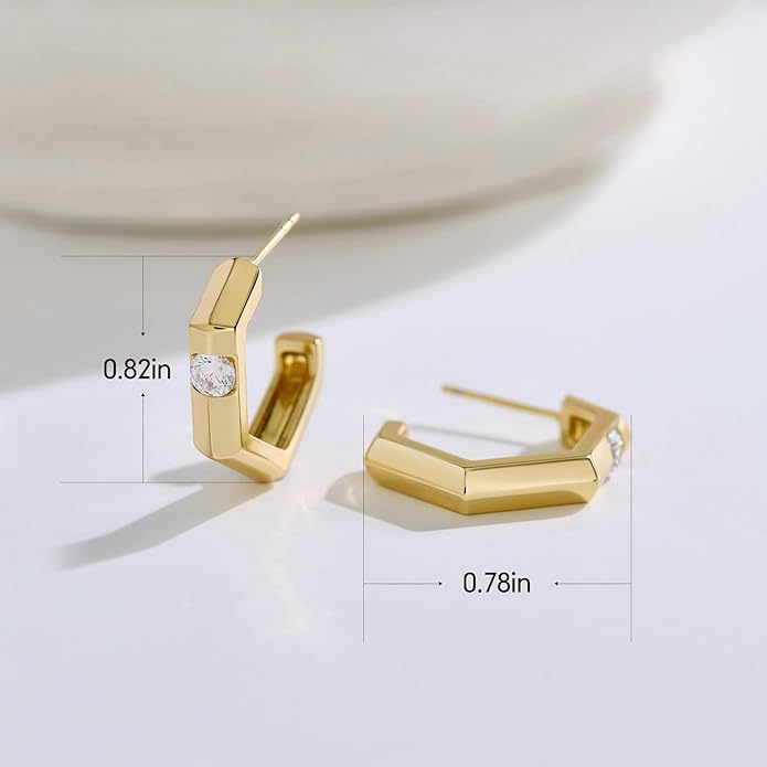 14K Gold & Rose Gold Hoop Earrings for Women, Chunky Huggie Half Hoops Earrings, Hypoallergenic Non Tarnish Cubic Zirconia Trendy Minimalist Everyday Jewelry Gift