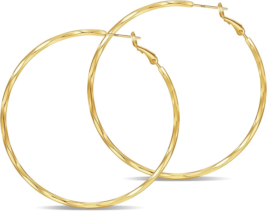 2MM Thin Gold Hoop Earrings Sterling Silver Post Hoop Earrings For Women Diamond-Cut Gold Hoops Earrings 14K Gold Plated Hoops Earrings Lightweight Hypoallergenic Oversize Gold Earrings For Women