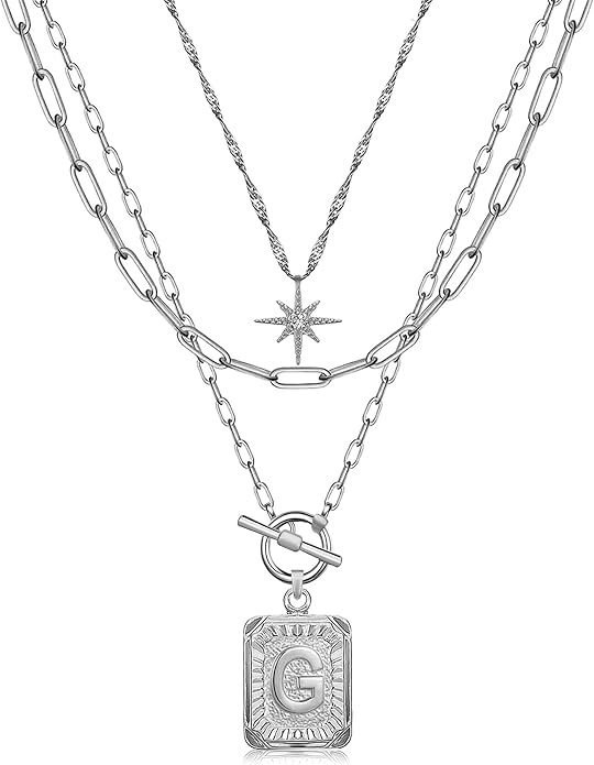 MJartoria Layered Initial Necklaces for Women Trendy, 14K Gold Plated Brass Simple Star Choker Square Letter Pendant Necklace, Paperclip Chain Necklaces Jewelry Gifts
