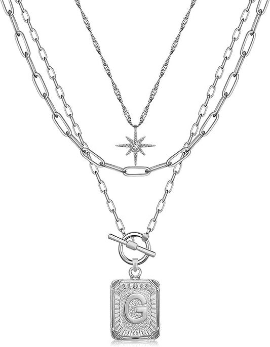 MJartoria Layered Initial Necklaces for Women Trendy, 14K Gold Plated Brass Simple Star Choker Square Letter Pendant Necklace, Paperclip Chain Necklaces Jewelry Gifts