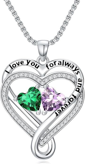 I Love You for Awlays and Forever Double Heart Necklace with Birthstone, 2 Birth Stone Jewelry Anniversary Valentines Mothers Day Christmas Birthday Gifts for Women Her Wife Girlfriend Mom Mother