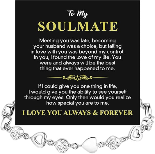 To My Soulmate Heart Bracelet Gift, Beautiful Soulmate Jewelry With Message Card and Box For Women, Romantic Anniversary, Birthday, Christmas or Valentine’s Day Gift