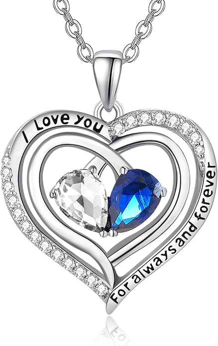 Zeuslia Double Birthstone Necklace Gifts for Wife - 925 Sterling Silver Sunflower/Rose/Crown Cross/Compass/Heart Pendant I Love You Necklace, Anniversary Birthday Gifts for Wife Girlfriend Mom Her