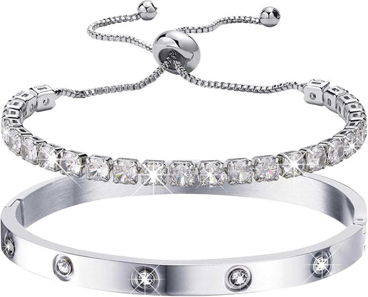 MPRAINBOW Gold Bracelets for Women, 2Pcs 18K Gold Plated Cubic Zirconia Bangle Crystal Friendship Bracelet Jewelry,Wedding Party Christmas Birthday Gifts for Her Girlfriend Sister Daughter
