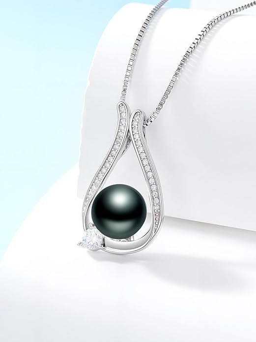 KANNSOAR Tahitian Black Pearl 18K White Gold Plated Sterling Silver Heart/Infinity/Four Leaf Clover Pendant Necklace Jewelry Gifts for Women Wife Mom Girlfriend Wedding Birthday Anniversary Christmas