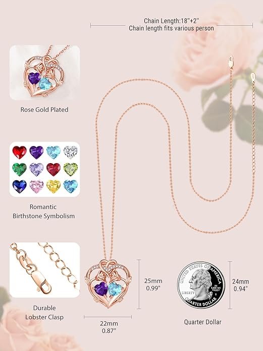 Rose Gold Necklaces for Women Double Birthstone Rose Flower Heart Pendant Necklace Jewelry Anniversary Christmas Valentine's Mother's Day Birthday Gift for Wife Mom Her Girlfriend Sister