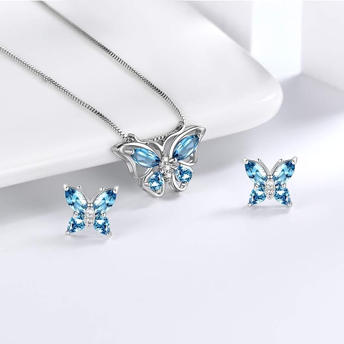 Aurora Tears Butterfly Jewelry,Women 925 Sterling Silver Butterflies Birthstone Pendant Necklace/Earrings/Rings Wedding Gift