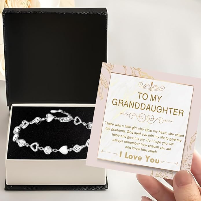 To My Granddaughter Heart Bracelet, Meaningful Jewelry Gift, Bracelet For Granddaughter from Grandma Grandpa with Message Card and Box on Christmas, Birthday, Graduation, Bracelets For Women