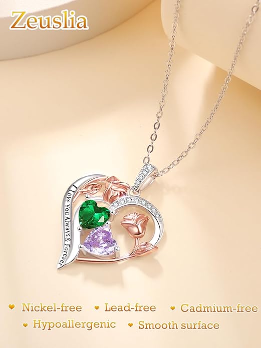 Zeuslia Double Birthstone Necklace Gifts for Wife - 925 Sterling Silver Sunflower/Rose/Crown Cross/Compass/Heart Pendant I Love You Necklace, Anniversary Birthday Gifts for Wife Girlfriend Mom Her