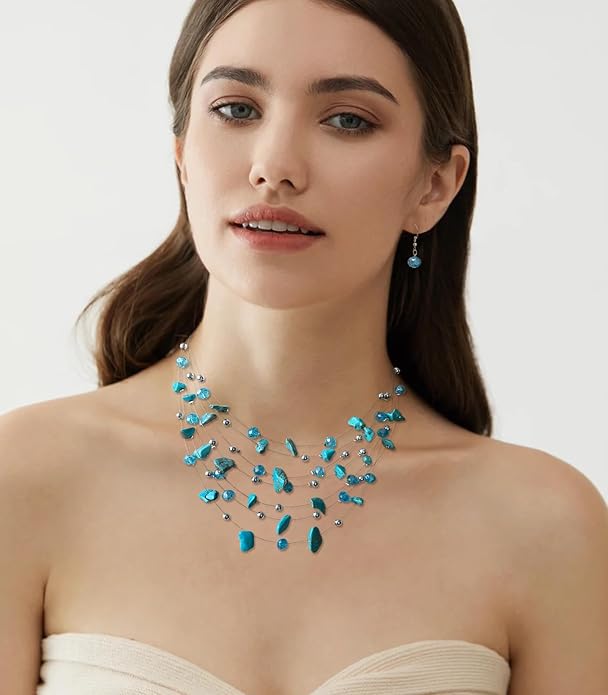 Multi-Layer Boho Shell Beaded Necklace for Women Colorful Crystal Strand with Silver Beads Statement Collars Necklace and Earrings Costumes Jewelry Sets for Women