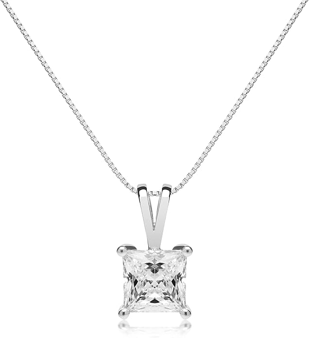 Everyday Elegance Solid 14K Gold Cubic Zirconia Solitaire Pendant Necklace for Women Heart, Princess, Round, Oval, Emerald, Pear & Cushion Cut 1 or 2 CTW | .60mm Thick 16" 18" Length Box Link Chain
