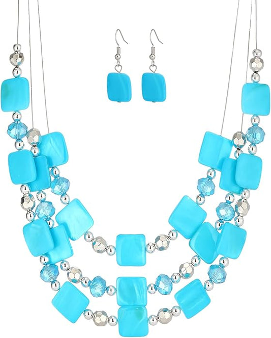 Layered Beaded Statement Necklaces for Women Square Shell Bead Collar Necklace and Earring Set Birthday Gifts Boho Jewelry Sets for Women