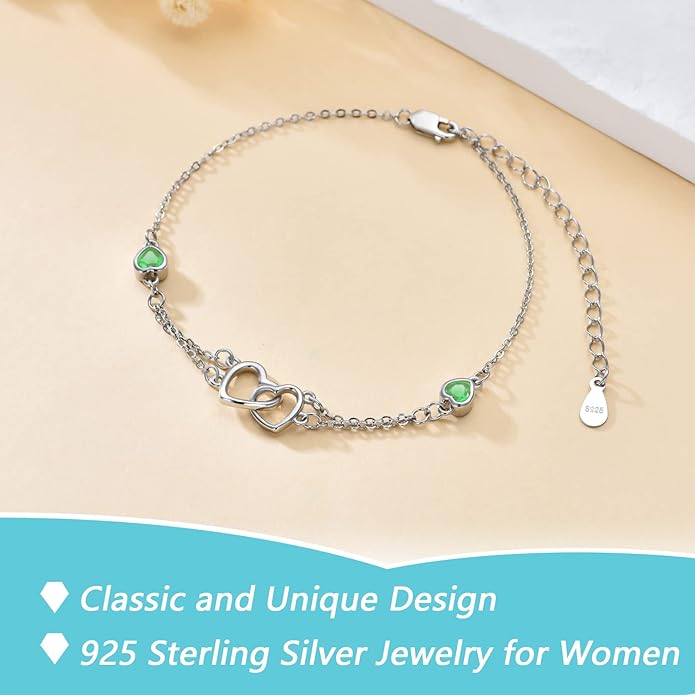 Dorunmo Anklet/Bracelet for Women 925 Sterling Silver Birthstone Jewelry Cubic Zirconia Double Heart Chain Jewelry for Mom Wife Friend Bride Valentine's Day Christmas Birthday Mother's Day