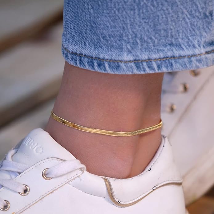 Dainty Ankle Bracelets for Women 18K Gold Plated Satellite Beaded Herringbone Chain Anklets Simple Lip Chain Anklet Minimalist Summer Beach Foot Jewelry Christmas