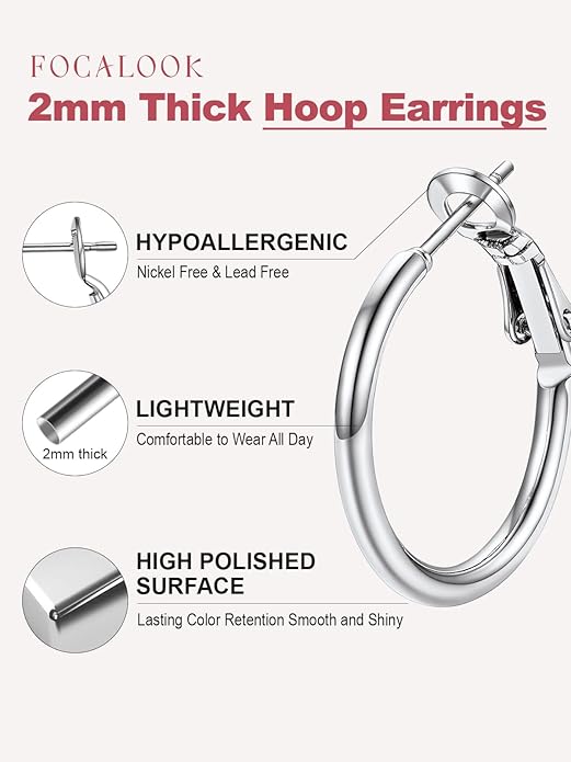 FOCALOOK 14K Gold Plated Lightweight Large Hoops| 2mm Thin Hoop Earrings for Women 30/40/50/70/100mm