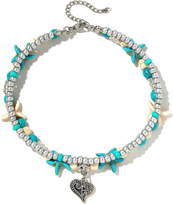 Starain Blue Turtle Anklets for Women Multilayer Beads Handmade Beach Ankle Bracelet Set Boho Foot Jewelry