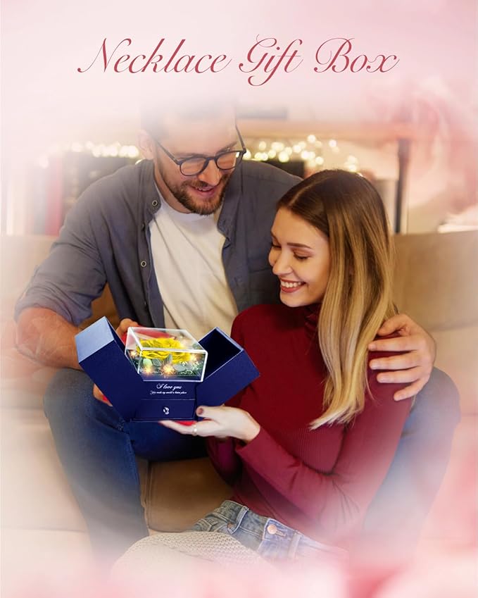 Birthday Gifts for Women, Preserved Real Roses with Heart Necklace I Love You in 100 Languages, Romantic Anniversary Wedding Gifts for Women Her Girlfriend Wife, Forever Roses Necklace Gift Box Yellow