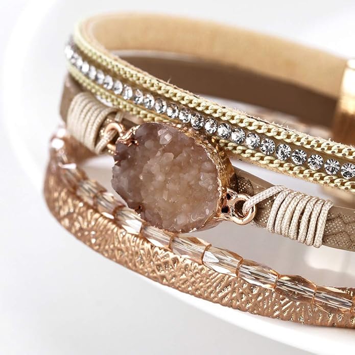 Fesciory Leopard Bracelet for Women, Boho Leather Wrap Multi-Layer Pearl Crystal Bracelet Bangle Jewelry