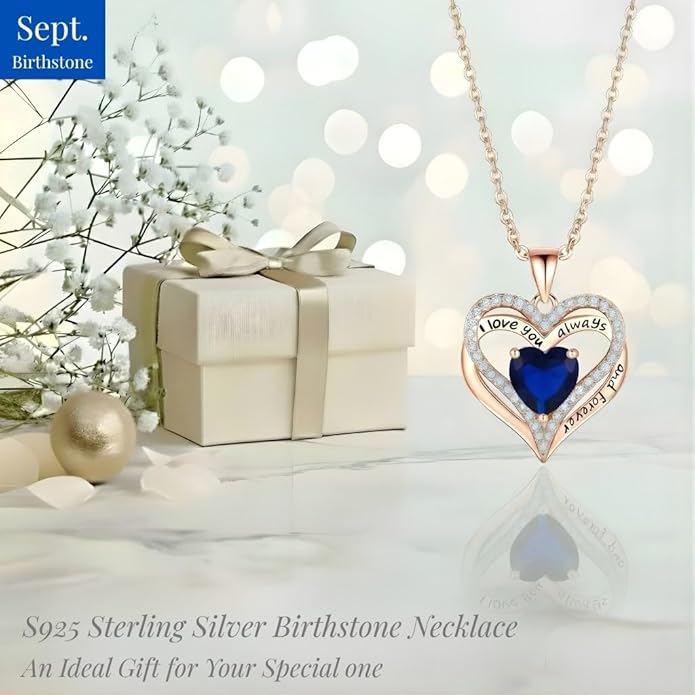 Birthstone Heart Necklace for Women Wife Girlfriend Mom Daughter Gifts S925 Silver Jewelry For Anniversary Rose Gold Gifts For Birthday Christmas Mothers Valentines Day