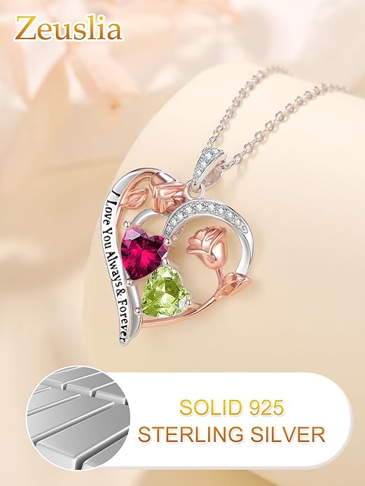 Zeuslia Double Birthstone Necklace Gifts for Wife - 925 Sterling Silver Sunflower/Rose/Crown Cross/Compass/Heart Pendant I Love You Necklace, Anniversary Birthday Gifts for Wife Girlfriend Mom Her