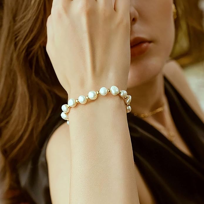 Cowlyn Pearl Bracelets for Women - Dainty 14K Gold Plated Beaded Pearl Link Chain Birthday Christmas Jewelry Gifts for Women