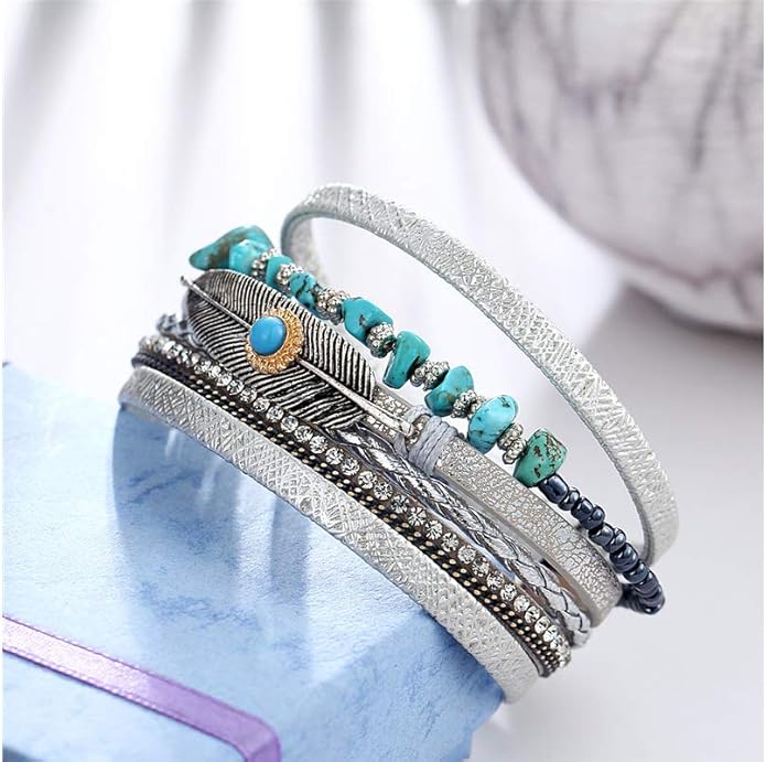 Fesciory Leopard Bracelet for Women, Boho Leather Wrap Multi-Layer Pearl Crystal Bracelet Bangle Jewelry