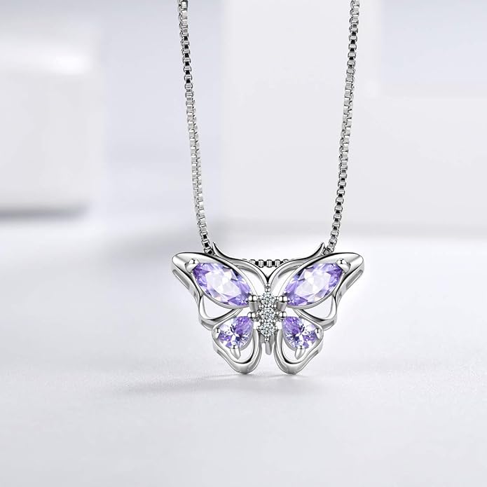 Aurora Tears Butterfly Birthstone Pendant Necklace - Women 925 Sterling Silver Butterflies Birthstone Pendant Necklace Jewelry Birthday Gift for Women