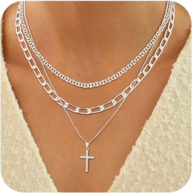 ASCOMY Gold Necklace for Women 14K Gold/Silver Plated Layered Necklaces Stackable Layering Cross Necklace Stacked Coin Pendant Pearl Herringbone Chain Stacking Gold Choker Trendy Jewelry Gift for Her