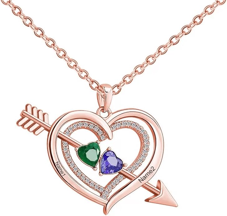 10K 14K 18K Solid Gold Personalized Name Birthstone Necklace for Couple, Real Gold Customized 2 Birthstone Heart Necklace Custom Any Name Valentine's Day Gifts for Her