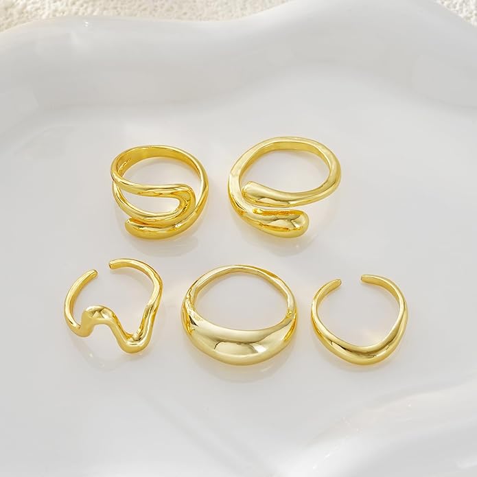 17 MILE Chunky Gold Stackable Rings for Women Non Tarnish, 18K Gold-Plated Statement Open Stacking Rings, Knuckle Band Ring Set