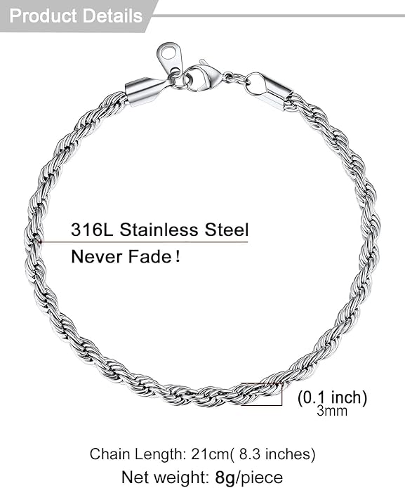 U7 Link Bracelets for Men, Cuban Link/Rope/Watch Band Solid Bracelet, Silver Black Gold Color Wrist Bracelet 3/6/9/12/15mm Width, 6.5/7.5/8.3 Inch Length, Hand Chain Jewelry for Mens Women