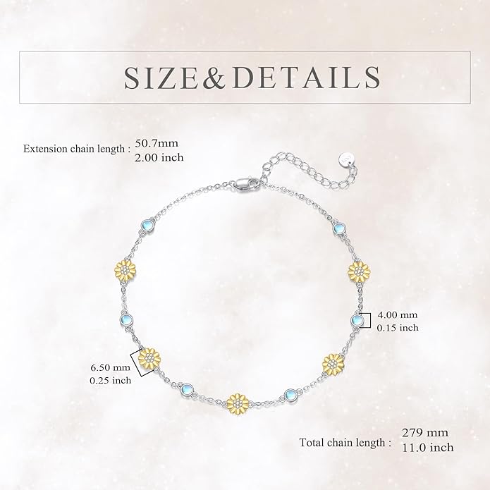 CRMAD 925 Sterling Silver Daisy/Sunflower Moonstone Anklet Daisy Flower Ankle Bracelet for Women Beach Dainty Jewelry