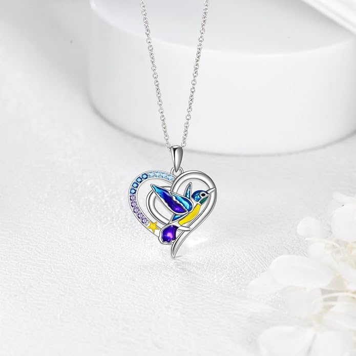 Hummingbird Necklace Hummingbird Necklaces for Women Sterling Silver 925 Purple Blue Hummingbird's Heart Pendant Jewelry Memorial Mothers Day Christmas Gifts