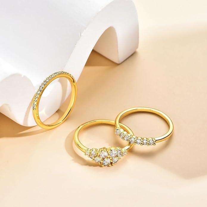 Stackable Gold Rings for Women Non Tarnish Dainty 14K Gold Plated 3PCS Cubic Zirconia Thumb Ring Set Trendy Statement Promise Wedding Bands Engagement Rings Size 6 7 8 9 10
