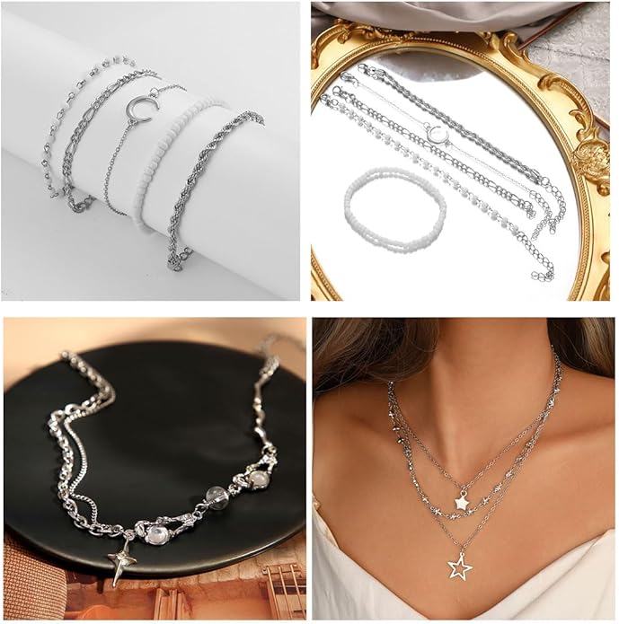 IFNODO 37pcs Silver Jewelry Set With 3 PCS Necklace, 14 PCS Bracelet, 7 PCS Ear Cuffs Earring, 6pcs Hoop Earrings,7pcs silver rings set For Women For Birthday Gifts