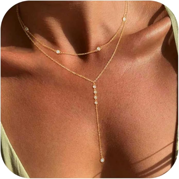 Lariat Necklace for Women, Dainty Long Necklaces, 14k Gold/Silver Plated Y-Shaped Drop Chain Necklace, Simple Layered Necklaces, Trendy Jewelry Gifts for Her