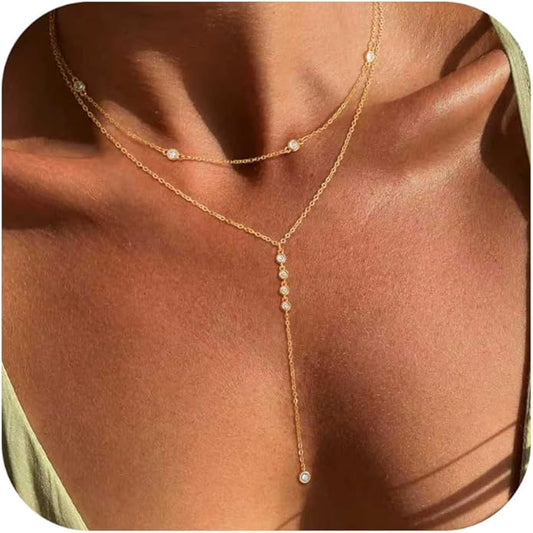 Lariat Necklace for Women, Dainty Long Necklaces, 14k Gold/Silver Plated Y-Shaped Drop Chain Necklace, Simple Layered Necklaces, Trendy Jewelry Gifts for Her