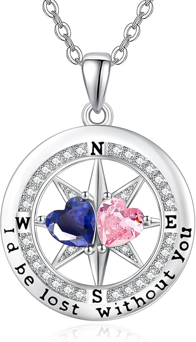 JIYVY32 Compass Birthstones Necklace for Women, Exquisite S925 Necklace Anniversary Birthday Gifts for Wife Her Double Birthstone Pendant jewelry ‘I'd be Lost Without You’
