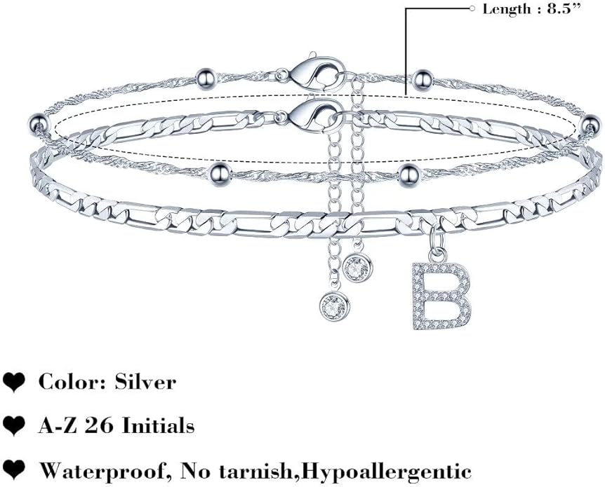 Ursteel Ankle Bracelets for Women, 14K Gold Plated Dainty Layered Chain CZ Initial Anklets Summer Jewelry Gifts for Women