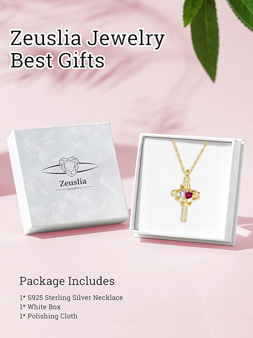 Zeuslia Double Birthstone Necklace Gifts for Wife - 925 Sterling Silver Sunflower/Rose/Crown Cross/Compass/Heart Pendant I Love You Necklace, Anniversary Birthday Gifts for Wife Girlfriend Mom Her